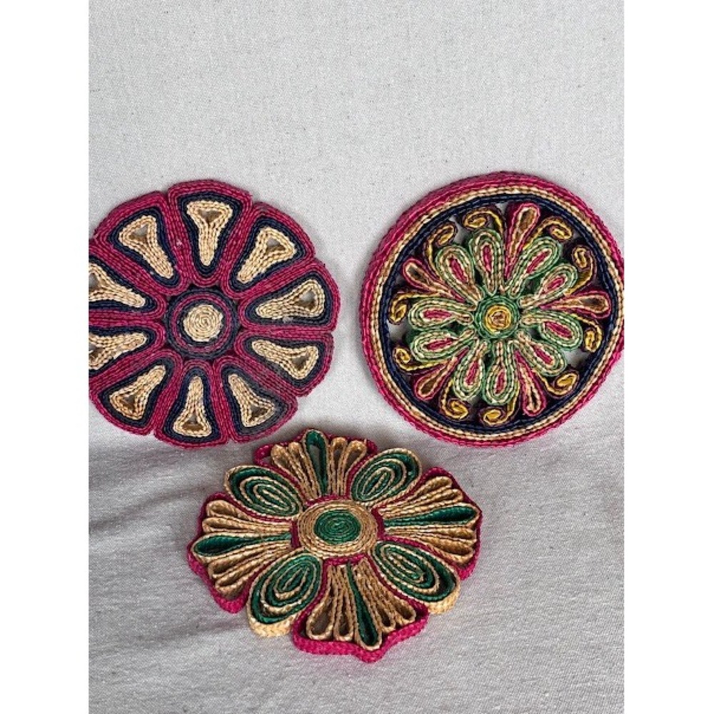 Vintage Woven Raffia Straw Colorful Trivets Hot Pads Wall Decor Boho Set of 3